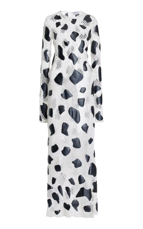 Trendy Athleisure Clothing For Women Romeo Crochet Maxi Dress in White Merino Wool with Black Metallic Nappa Leather Patches Trendy Athleisure Clothing For Women Romeo Crochet Maxi Dress in White Merino Wool with Black Metallic Nappa Leather Patches