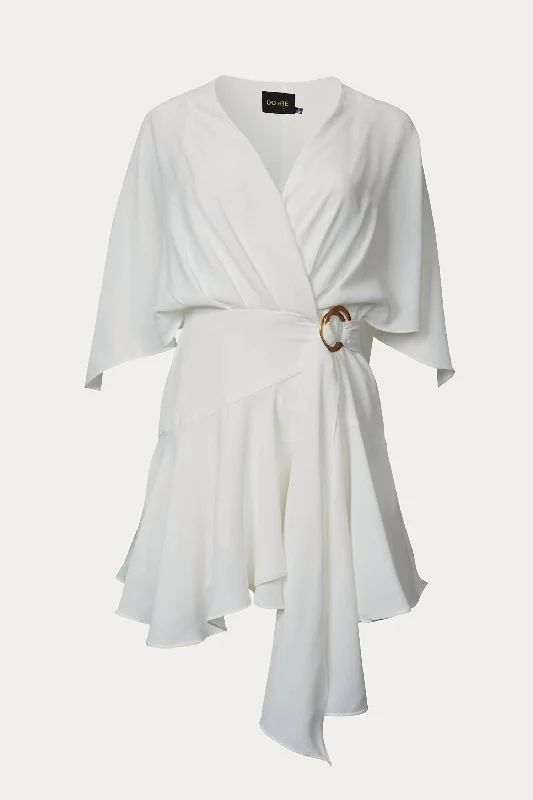 Women's Clothing For Everyday Wear Ruffled Woven Wrap Mini Dress In Off White