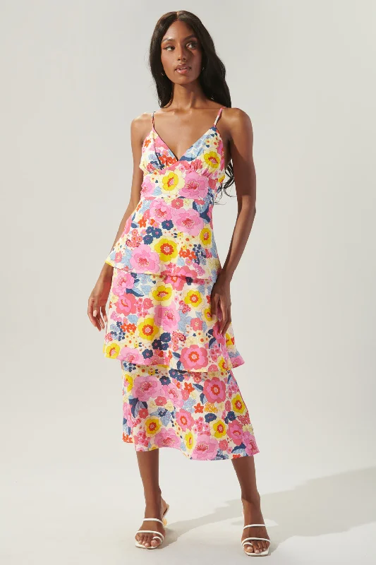 Women's Comfy Loungewear Outfit Summersalt Floral Yanni Ruffle Tiered Midi Dress