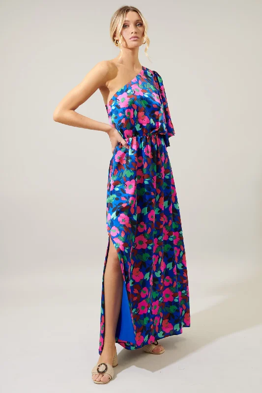 Women's Fashion Clothing Vivi Berry Floral Meara One Shoulder Satin Maxi Dress