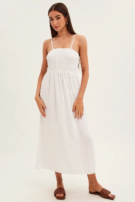 Women's Clothing White Maxi Dress With Straps Shirring Linen Blend