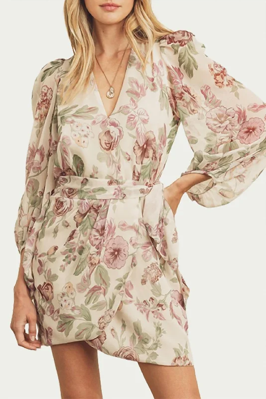 Fashionable Women's Clothing Wrap-Effect Floral-Print Georgette Mini Dress In Cream/Lavender Fashionable Women's Clothing Wrap-Effect Floral-Print Georgette Mini Dress In Cream/Lavender