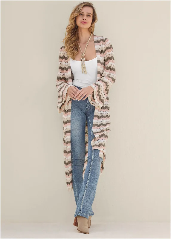 Women's Classic Outfit Pointelle Striped Duster - Off White Multi