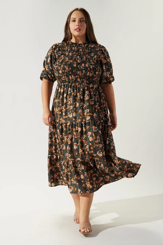 Modern Women's Fashion with Vintage Touches Zana Floral Dot Frazier Smocked Tiered Midi Dress Curve