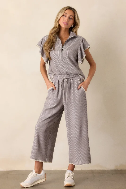 Women's Casual Apparel Anytime Now Grey Blanket Stitch Wide Leg Pants