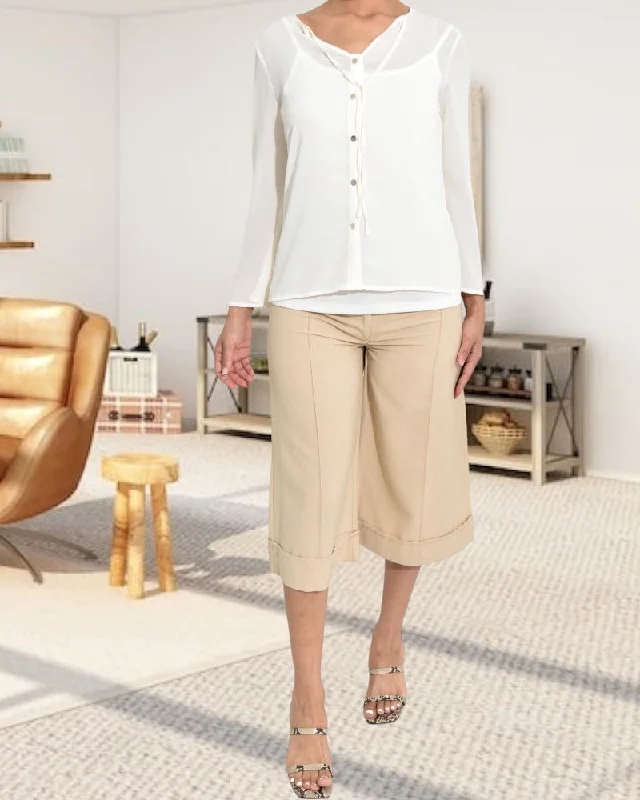 Stylish And Comfortable Clothing For Women Beige Fold Up Capri Pants