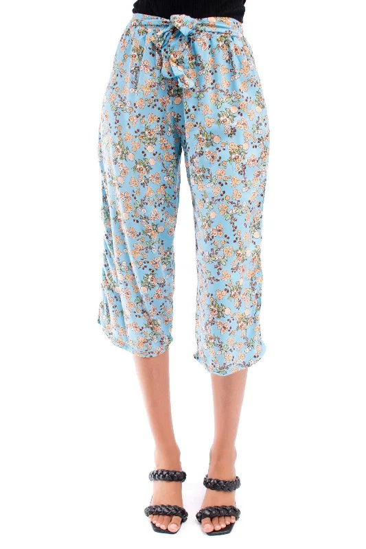 Vintage-Inspired Women's Apparel Blue Printed Palazzo Tie Pants