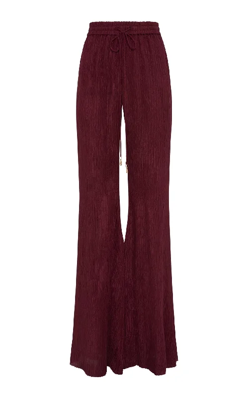 Women's Comfortable Lounge Attire Claude Flare Pant in Bordeaux Plisse Silk