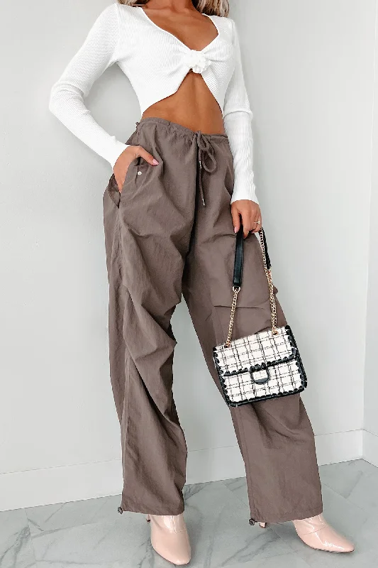 Women's Vintage Attire Confidence For Days Nylon Parachute Pants (Brown)