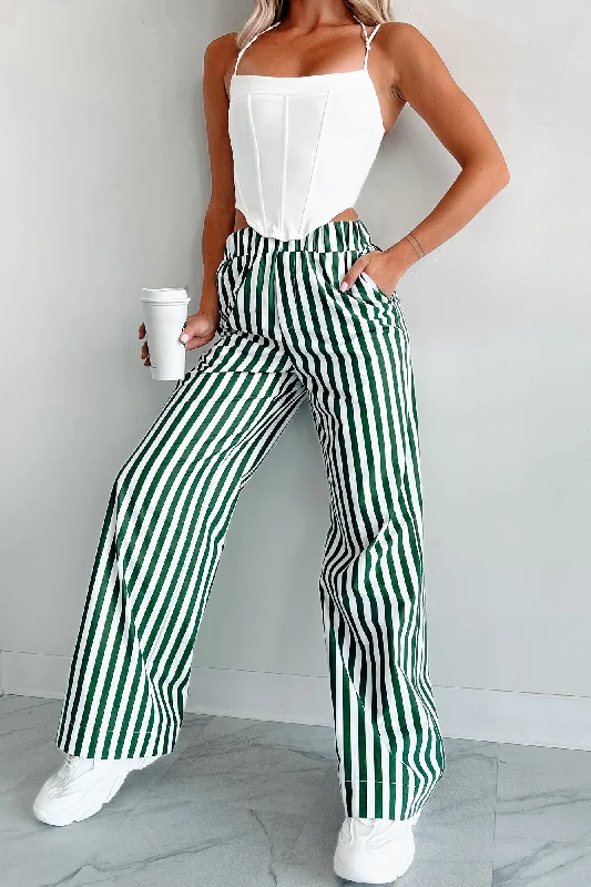 Women's Relaxed Clothes Cute On The Coast Wide Leg Stripe Pants (Hunter Green/White)