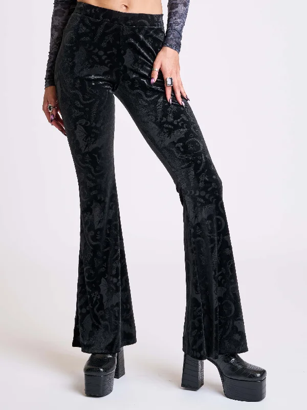 Women's Fashion-Forward Apparel Embossed Black Velvet Flared Legging