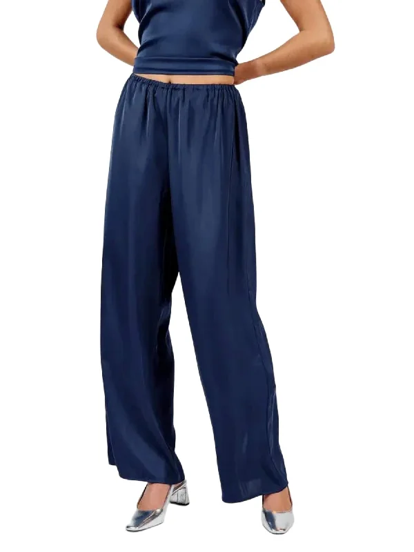 Women's Clothing Sale Last Night Satin Elastic Waist Pants In Navy