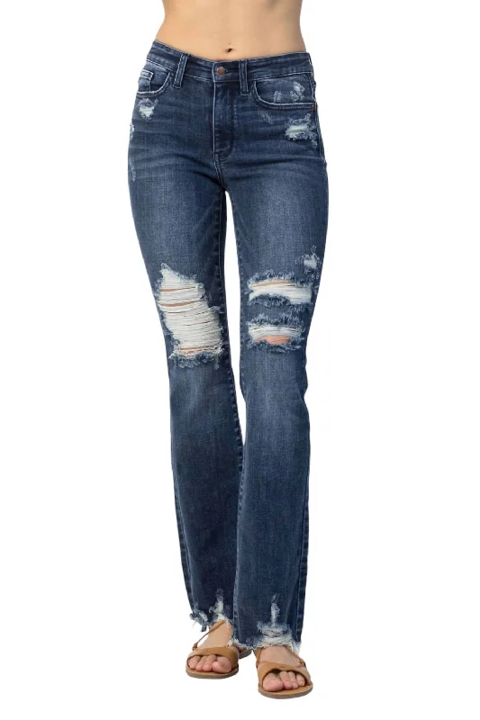 Chic Women's Clothing Mid Rise Contrast Destroy Slim Bootcut Jean In Blue