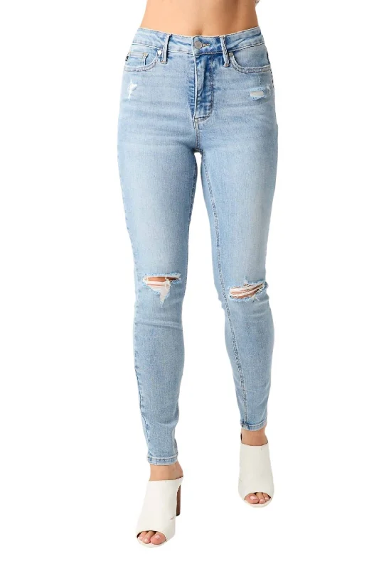 Women's Clothing Sale Mid Rise Tummy Control Destroy Skinny Jean In Blue