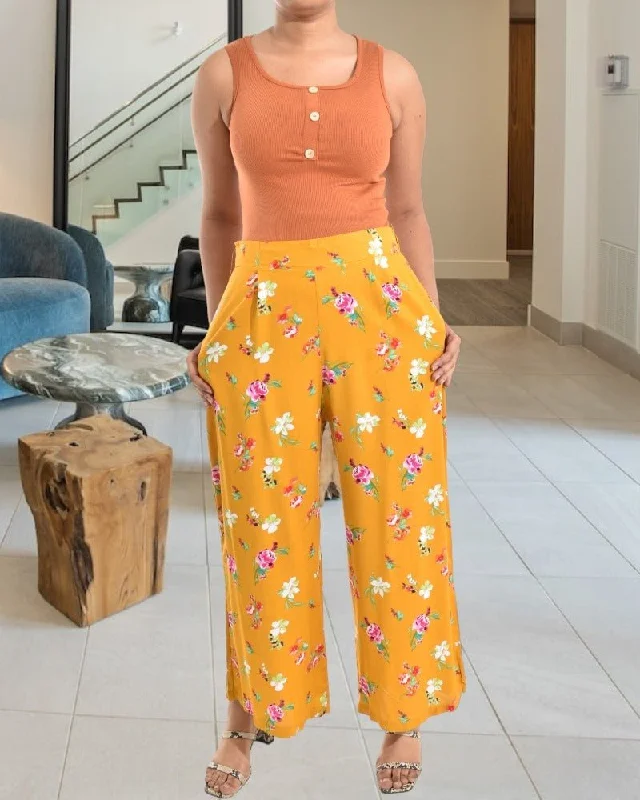 Women's Vacation Outfit Set Mustard 3/4 Palazzo Pants