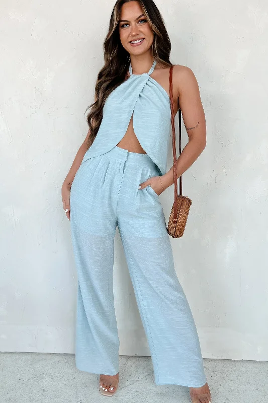 Sustainable Women's Apparel Sunsets and Selfies Crop Top & Pants Set (Light Blue)