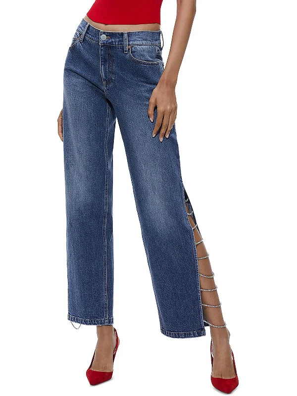 Women's Formal Clothes Womens Denim Jeweled Straight Leg Jeans